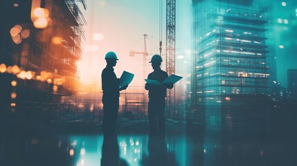 Silhouette of construction workers in the background of a tall building under construction and a towering construction crane.