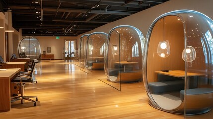 Modern Office Space with Unique Bubble Meeting Pods and Wooden Desks