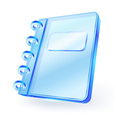 3d spiral ring hole punched glass notebook icon with transparent cover and label, perfect for App UI, stationery or digital education, Isolated on white background. Vector illustration.
