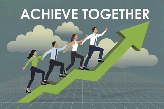 Team Climbing Arrow Chart for Success, Illustration of Business Growth, Achieving Together Concept
