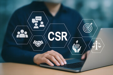 Corporate social responsibility csr strategy and sustainability development with laptop usage for growth