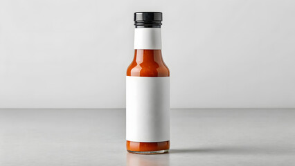 Mockup of glass pepper sauce bottle with white label and dark cap, perfect for tangy dip branding, fiery marinade packaging or gourmet spicy food presentation