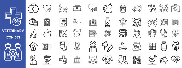 Veterinary icon set. Contains such icons as pets, medical history, health care, vet, vaccines, test, dental care, antiparasitic, diagnosis, x ray, veterinary clinic and more. Vector design.