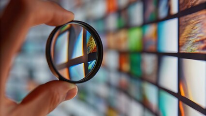 A hand holding a camera lens filter in front of a blurred grid of colorful images on a screen view