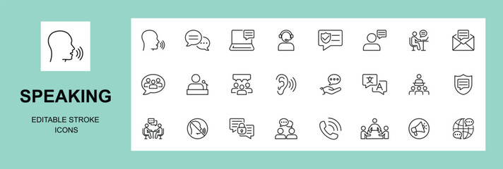 Speaking icon set. Communication icons collection. Containing discussion, speech bubble, talking, Editable stroke.