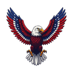 Obraz premium Patriotic american bald eagle with stars and stripes spread wings isolated on a transparent background
