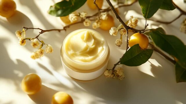 A jar of yellow cream sits on a table with a bunch of lemons. The lemons are cut in half and scattered around the jar. Concept of freshness and natural beauty