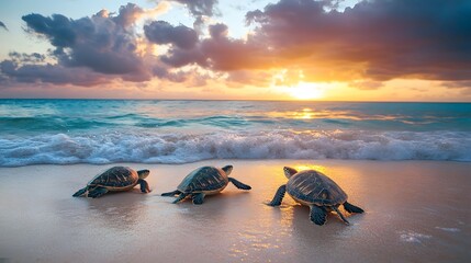 Sea turtles making their way into the ocean at dawn
