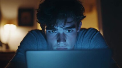slow motion close up of young man blinking slowly with unfocused eyes while staring at laptop screen at night in static shot, concept of screen fatigue, digital overload, mental burnout - Powered by Adobe