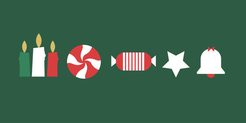 Christmas Icons and Ornaments on Green Background