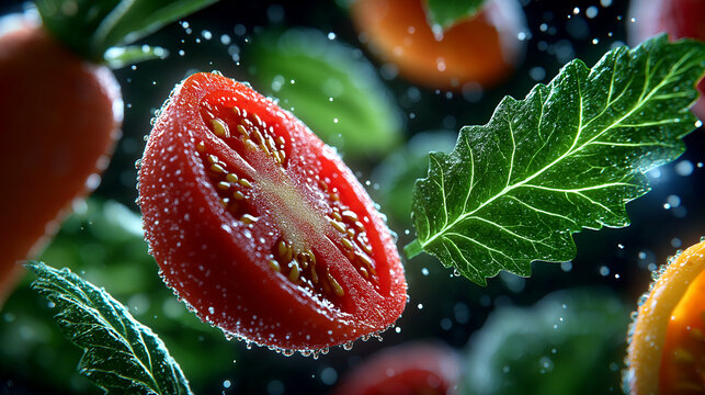 Fresh Culinary Symphony: A vibrant composition of fresh produce. A sliced tomato, a leaf, carrot and cucumber create a visually arresting display of culinary harmony. The scene is evocative of health.