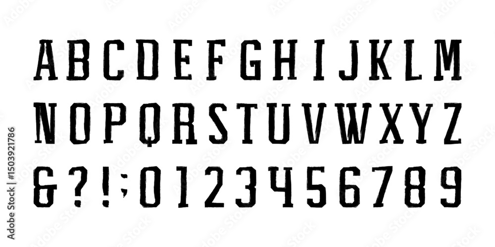 Fototapete grunge alphabet font. dirty textured uppercase letters and numbers. vector typescript with a rough i