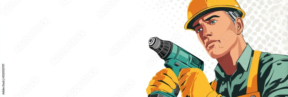 Aufkleber Worker Holds a Drill Ready for Tasks on a Light Background While Wearing a Helmet and Gloves