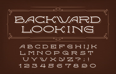 Backward-looking alphabet font. Retro ornate letters and numbers. Vector typeface for your typography design.