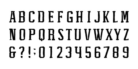 Grunge alphabet font. Dirty textured uppercase letters and numbers. Vector typescript with a rough inked texture for your typography design.