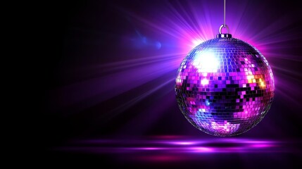 Obraz premium Sparkling Purple Disco Ball Hanging Against a Dramatic Dark Background with Purple Lights