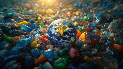 Planet Earth Surrounded by Ocean Plastic Waste
