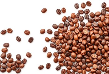 Fototapeta premium A collection of roasted brown coffee beans isolated on a pure white background, element, photography