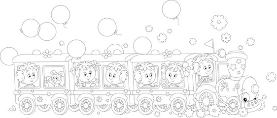 Cartoonish toy train with traveling happy little children and holiday balloons flying around, black and white vector cartoon illustration for a coloring book