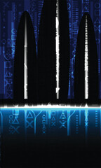 A futuristic digital background featuring abstract symbols and glowing lines, creating sense of technology and innovation. blue tones enhance modern aesthetic