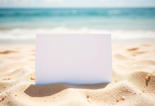 Blank white card on sandy beach, summer stationery mockup, travel, white
