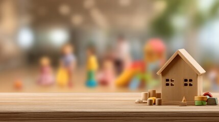 A small miniature house made of wood as a center of family life, security, and future aspirations, blurred background of happy little family activities