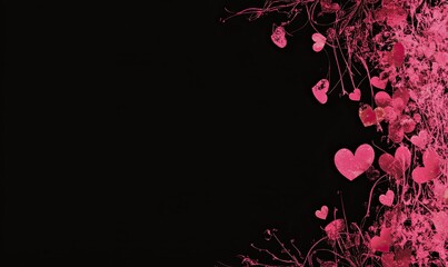 Pink background with numerous pink hearts on the right side, pink and black border