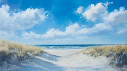Windswept beach with sea grass and dunes under blue skies