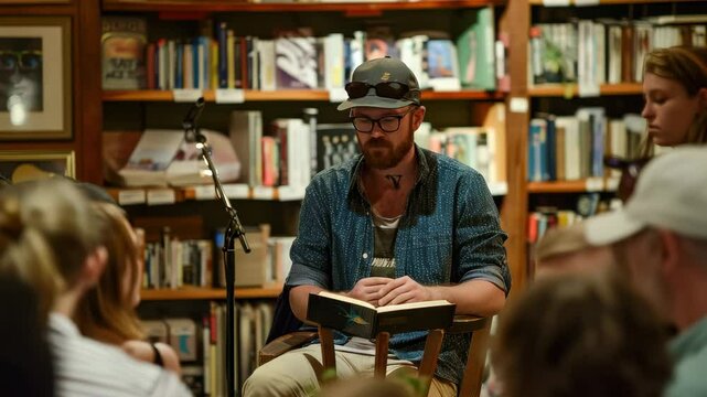 Engaging storytelling event at a cozy bookstore with an author sharing insights and inspirations during the evening gathering