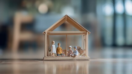 A small miniature house made of wood as a center of family life, security, and future aspirations, blurred background of happy little family activities