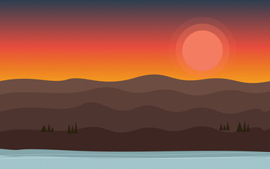 1970s-inspired minimalist mountain lake landscape at sunset with sky gradient. Silhouetted ranges create layered depth against tranquil waters, evoking nostalgia.
