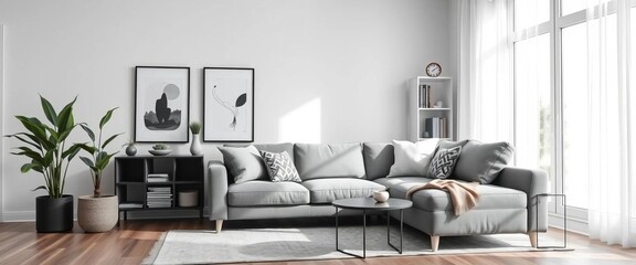 Stylish potted plant beside a grey sofa in a monochrome living room with artwork and storage, contemporary, interior design