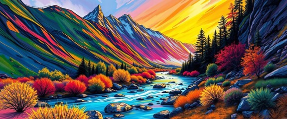 Vibrant sketch of a mountain river, colorful landscape illustration,  graphic,  stream