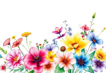 Vibrant watercolor wildflower bouquet, botanical hand-drawn illustration,  rustic,  vibrant