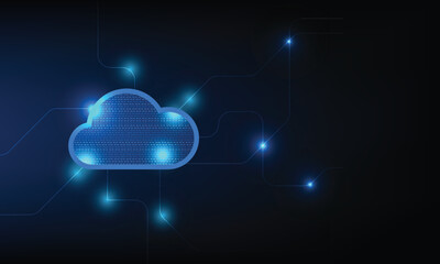 A digital cloud symbol with glowing connections on dark background, representing technology and data storage. blue tones create modern and futuristic feel