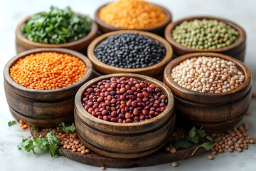 Assorted lentils and pulses in wooden bowls