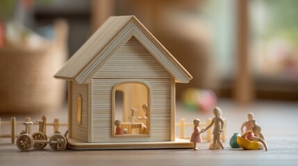 A small miniature house made of wood as a center of family life, security, and future aspirations, blurred background of happy little family activities