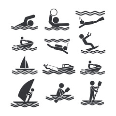 Bundle pictogram icon of various water sports activities including swimming, polo, diving, boating, canoeing, kayaking, surfing, and more.