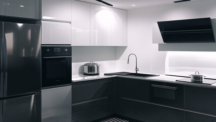 This modern kitchen features a sleek and minimalist design with a striking contrast between black and white elements.