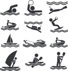 Bundle pictogram icon of various water sports activities including swimming, polo, diving, boating, canoeing, kayaking, surfing, and more.