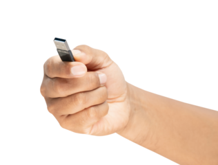 Hand holding usb stick on white background