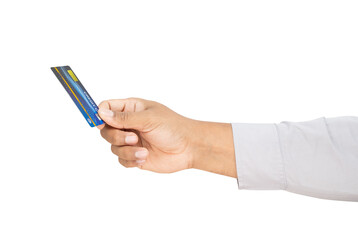 Businessman hand holding credit card on isolated white background.
