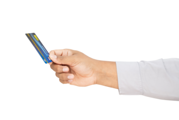 Businessman hand holding credit card on isolated white background.
