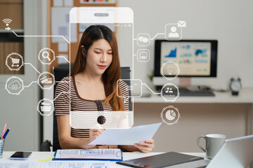 woman developer or designer thinking about mobile app interface wireframe design with customer...