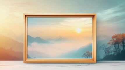 Scenic mountain view framed on a table at sunrise, nature and tranquility reflected in art