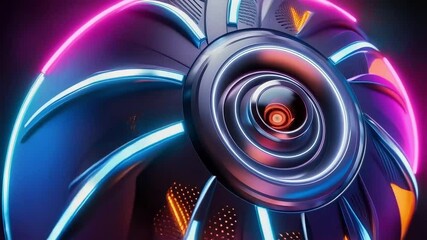 Futuristic metallic sphere with glowing blue orange lights slowly rotates showing a central lens-like core - Powered by Adobe