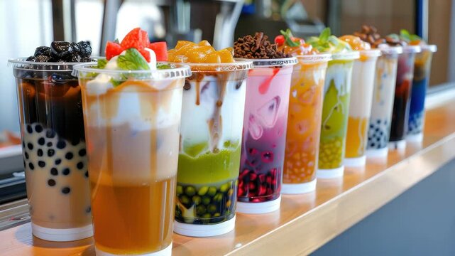 Discover an array of colorful bubble teas displayed in clear cups at a vibrant cafe setting in a vibrant urban area