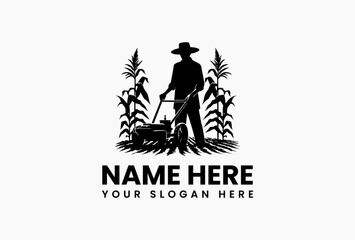 Vector logo silhouette of a farmer diligently harvesting corn in a sunlit field. Agriculture concept
