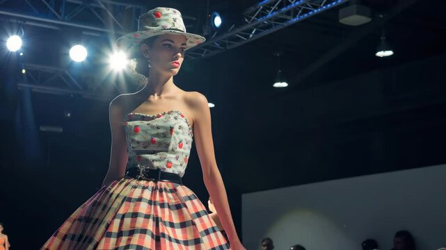 Fashion model walks runway in vibrant dress during dynamic event showcasing contemporary design in high-resolution 4K quality