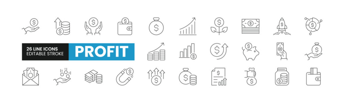 Set of 26 Profit line icons set. Profit outline icons with editable stroke collection. Includes Growth, Investment, Savings, Income, Budgeting, and More.